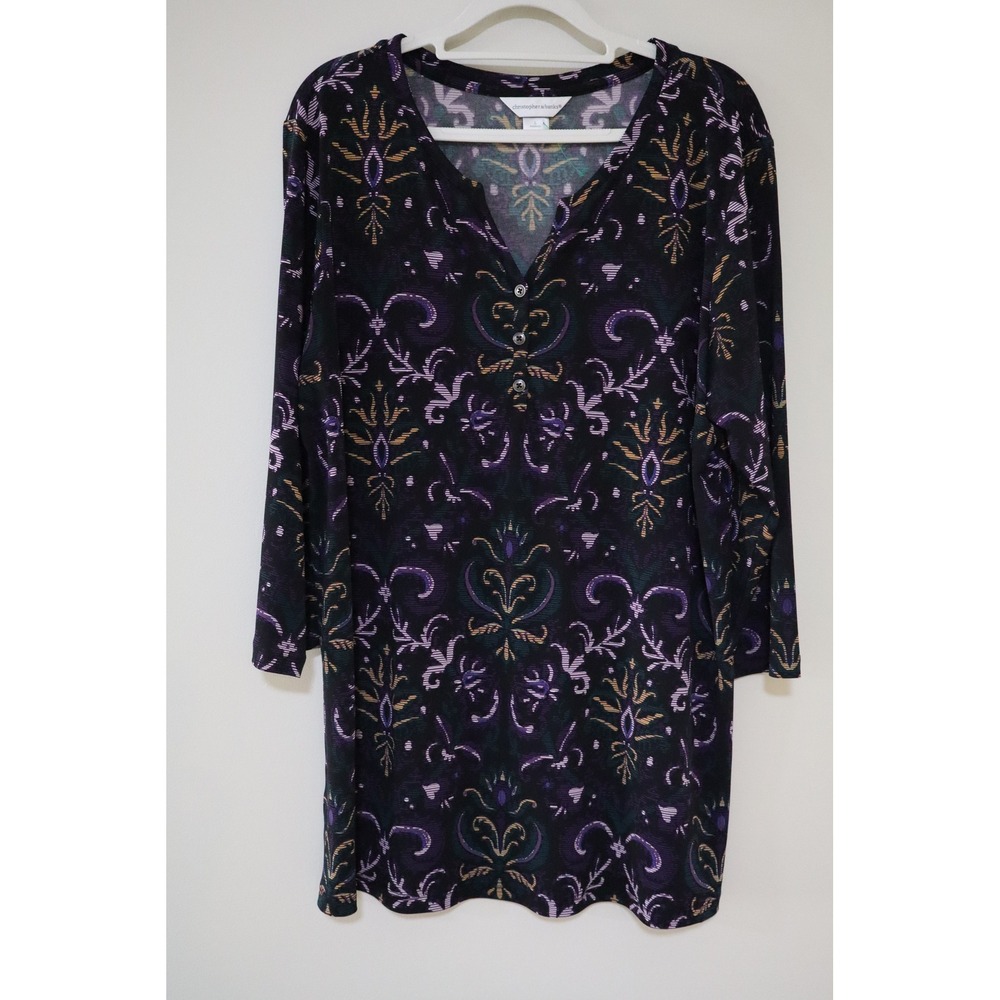 Boho Damask Christopher & Banks Tunic Top L Purple Henley Split Neck Knit